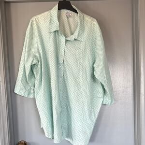 Women's Blue Green Polka Dots Button Down Top 3/4 Sleeves sz 3X